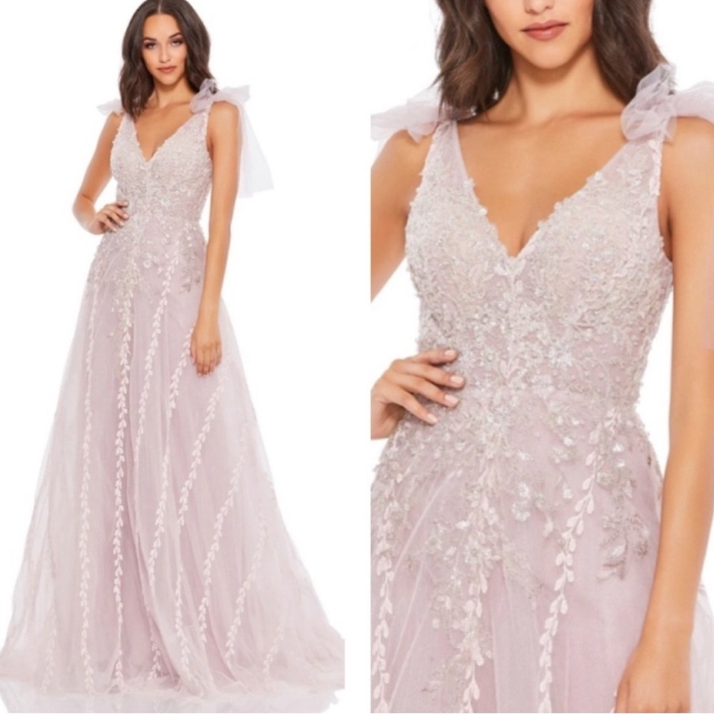 Mac Duggal EMBELLISHED SOFT TIE SLEEVELESS V NECK GOWN size 4 $798